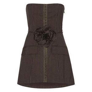 ROTATE BIRGERCHRISTENSEN Pinstripe Strapless Mini Dress with Floral Applique